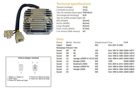 VOLTAGE REGULATOR SUZUKI DR 350SE 90-99 DR 250SE 90-95 SV 650 99-02 CAGIVA 650 RAPTOR 01-05 LS 650 SAVAGE 95-12 (32800-24B01) (ESR123) (35A)