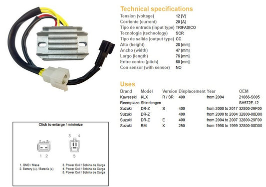 VOLTAGE REGULATOR SUZUKI DRZ 400/E/S 00-17 (DR-Z) KAWASAKI KLX 400 04- (32800-29F00, 32800-08D00) (SH572E-12) (ESR105)