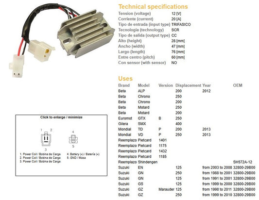 VOLTAGE REGULATOR SUZUKI GN 250 88-01 GN 125 91-01 GS 125 99-00 EN 125 03-08 BETA (ESR142) (32800-29B00)