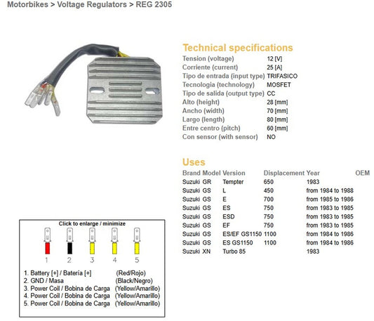 VOLTAGE REGULATOR SUZUKI GS 1100ES/EF 84-86 GS 750ES/EF/ESD 83-85 GS 700E 85-86 GS 450L 84-88 GR 650 TEMPTER 83 (ESR130,RGU-301)