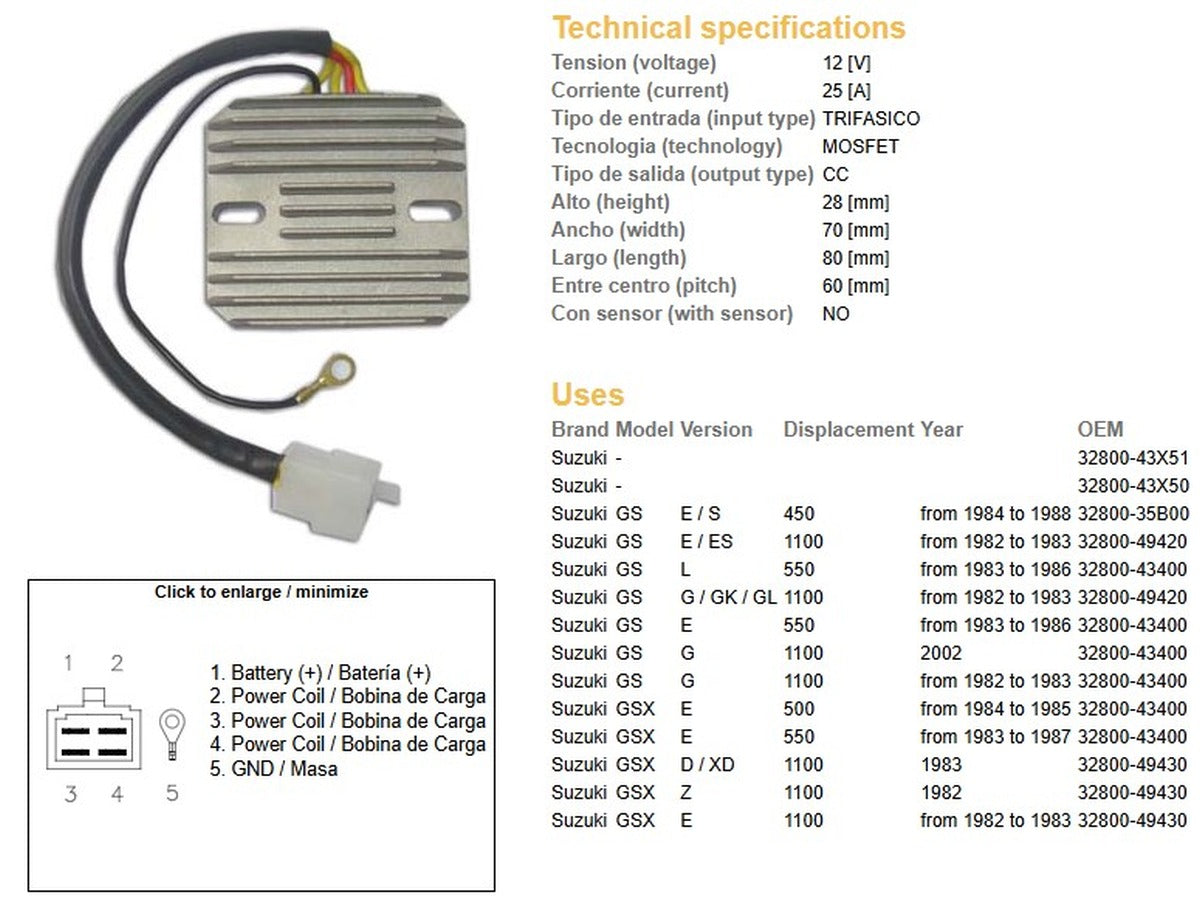 VOLTAGE REGULATOR SUZUKI GSX 1100E/Z/D 82- GS 1100E/ES/G 82-87 GS 550 83-87 GS 500 84-85 GS 450E/S 84-88 (ESR090,ESR100) (32800-34210) (ESR090)