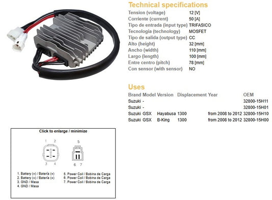 VOLTAGE REGULATOR SUZUKI GSXR 1300 HAYABUSA 08-12 B-KING 1300 08-12 (50A) (OEM:32800-15H10)