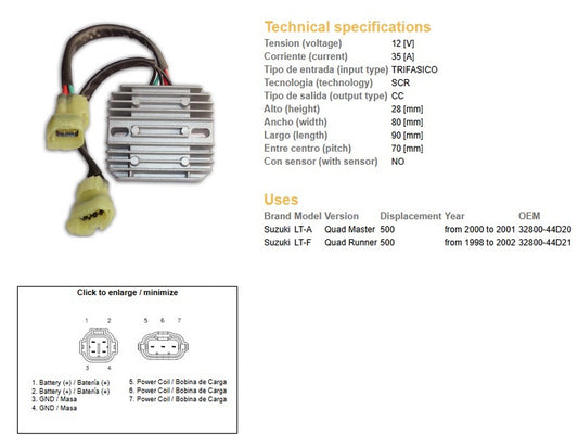 VOLTAGE REGULATOR SUZUKI LT-A QUAD MASTER 500 00-01 LT-F 500 QUAD RUNNER 98-02 (OEM 32800-44D20) (OEM 32800-44D21)