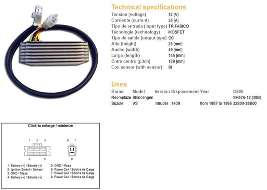 VOLTAGE REGULATOR SUZUKI VS 1400 INTRUDER 87-95 (OEM-32800-38B00) (ESR750) (SH576-12) (35A)