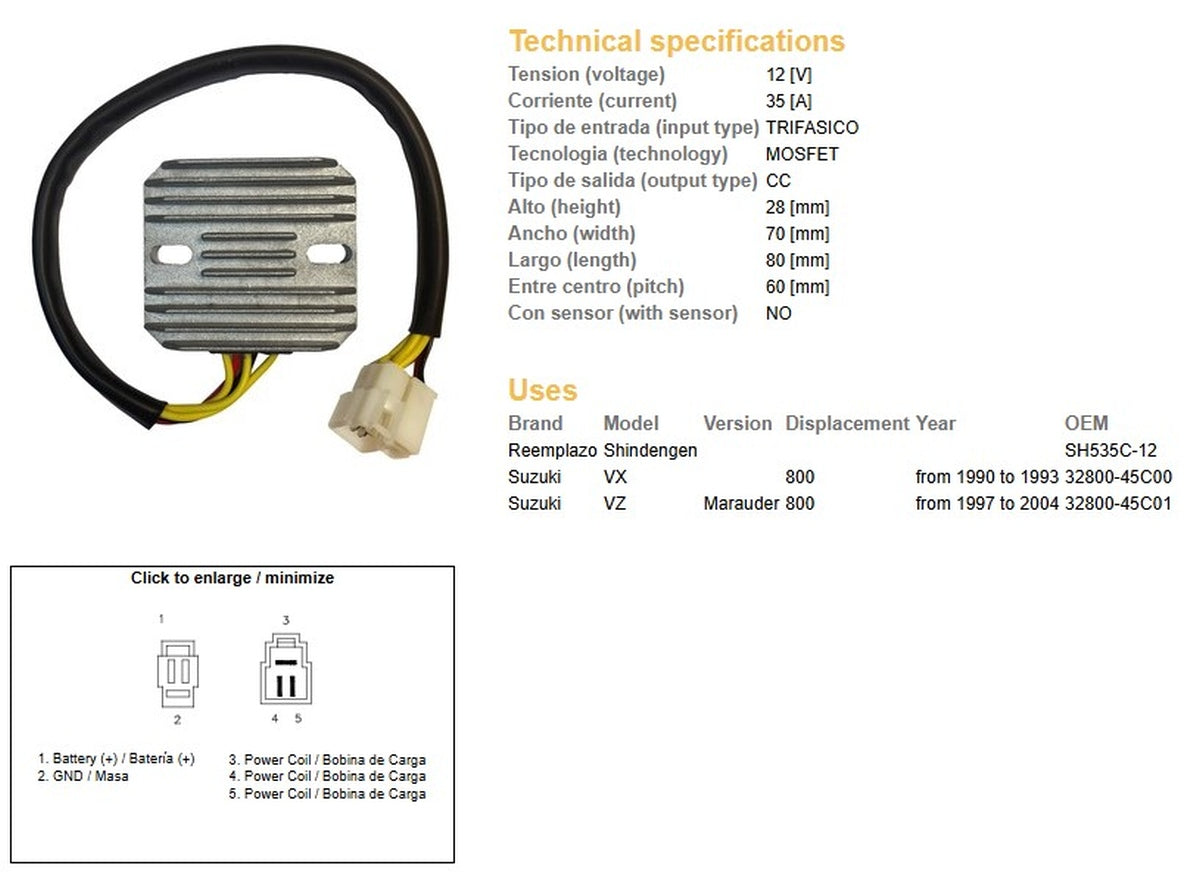 VOLTAGE REGULATOR SUZUKI VZ 800 MARAUDER 97-04 VX 800 90-93 (SH535C-12) (32800-45C00, 32800-45C01) (ESR560)