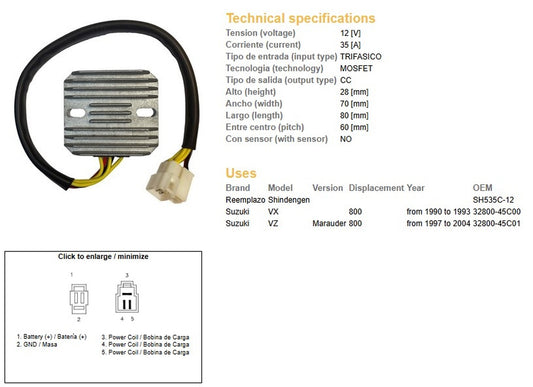 VOLTAGE REGULATOR SUZUKI VZ 800 MARAUDER 97-04 VX 800 90-93 (SH535C-12) (32800-45C00, 32800-45C01) (ESR560)