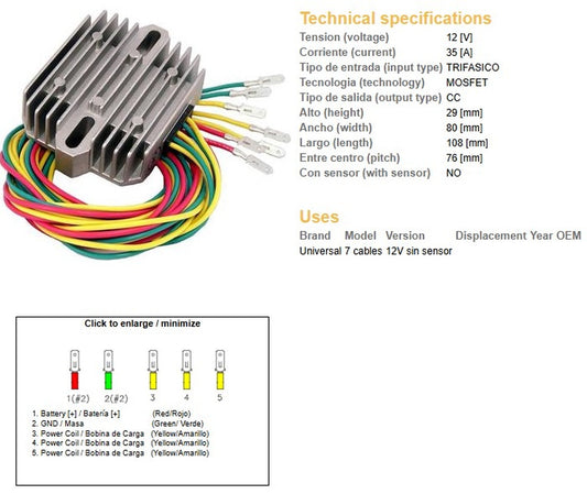 VOLTAGE REGULATOR UNIVERSAL (35A) 7 WIRES (3X YELLOW, 2X RED, 2X GREEN) (24500-01)