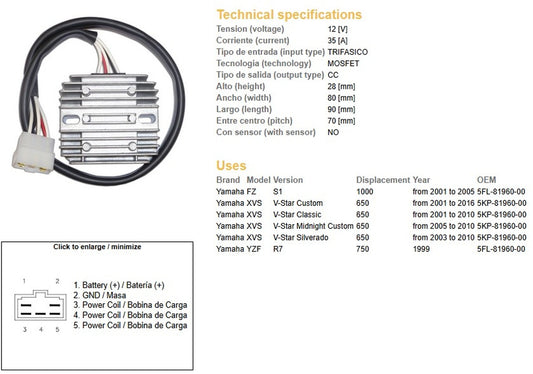 VOLTAGE REGULATOR YAMAHA FZ 1000 01-05 YZF 750 R7 99 XVS 650 V-STAR 01-16 (5KP-81960-00) (35A) (ESR266) (5FL-81960-00)