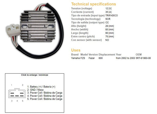 VOLTAGE REGULATOR YAMAHA FZS 600 FAZER 02-03 (5RT-81960-00) 35A