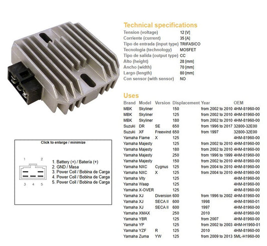 VOLTAGE REGULATOR SUZUKI DR 650SE 96-17 XF 650 FREEWIND 97 XJ 600 DIVERSION 96-02 YAMAHA 250 MAJESTY 96-10 XMAX 250 10- YBR 125 07- YZF 125R 10- 150 MAJESTY 96-10 125 MAJESTY 96-10 (32800-32E00) (12V/35A) (ESR272)