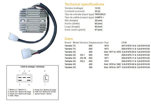 VOLTAGE REGULATOR YAMAHA XS 650 70-72 TX 650 73-74 XS 400 78-82 XS 360 76-77 (447-81970-10-00) (ESR350)