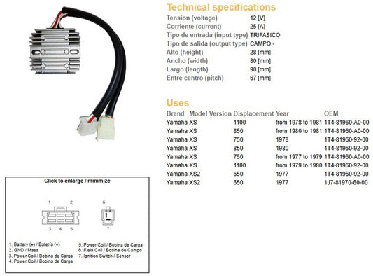 VOLTAGE REGULATOR YAMAHA XS 1100 79-81 XS 850 80-81 XS 750 77-79 XS 650 77 (1T4-81960-92-00, 1T4-81960-A0-00) (ESR310)
