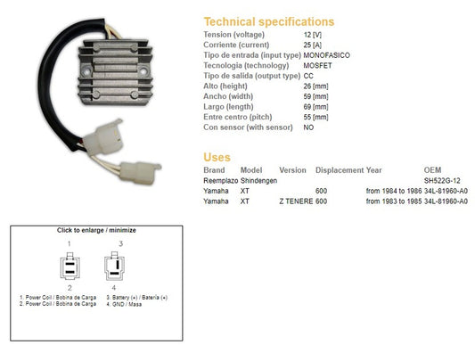 VOLTAGE REGULATOR YAMAHA XT 600Z TENERE 83-86 (34L-81960-A0) (SH522G-12)