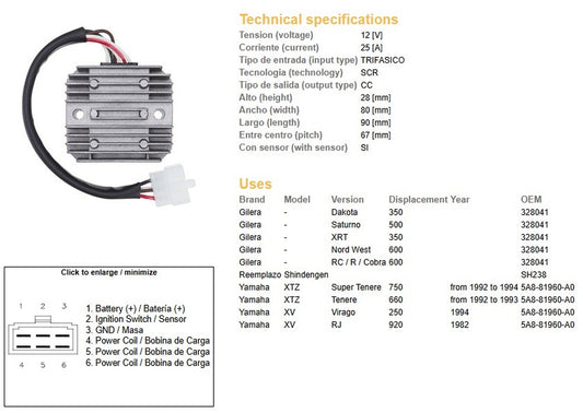 VOLTAGE REGULATOR YAMAHA XTZ 750 92-94 XTZ 660 92-93 XV 250 VIRAGO 94 GILERA DAKOTA/SATURNO/XRT/NORD WEST/ RC/R/COBRA (2J2-81960-A0, 2J2-81960-A1)