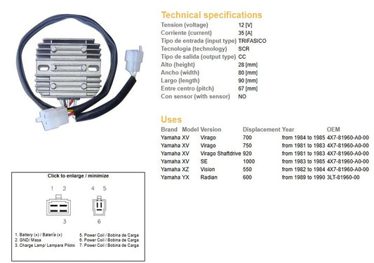 VOLTAGE REGULATOR YAMAHA XV 1000SE 83-85 XV 920 VIRAGO 81-83 XV 750 VIRAGO 81-83 XV 700 VIRAGO 84-85 XZ 550 VISION 82-84 YX 600 RADIAN 89 (ESR390, RGU-212)