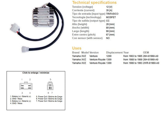 VOLTAGE REGULATOR YAMAHA XVZ 1300 VENTURE ROYALE 86-93 XVZ 1200 VENTURE 83-85 (26H-81960-A0 2WR-81960-A0)