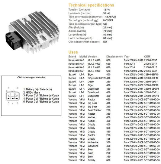 VOLTAGE REGULATOR YAMAHA YFM 660/600/450/400/350/250/125 (RAPTOR BIG BEAR KODIAK GRIZZLY BRUIN) SUZUKI LTR 450R LTZ400 QUADRACER LTA 400 EIGER (35A) (5GT-81960-00) (ESR441) (32800-05G11)