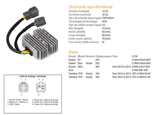 VOLTAGE REGULATOR YAMAHA YFM 300 GRIZZLY 12-13 KYMCO MXU 450 10-12 (1SC-H1960-00-00, 1SC-H1960-01-00)