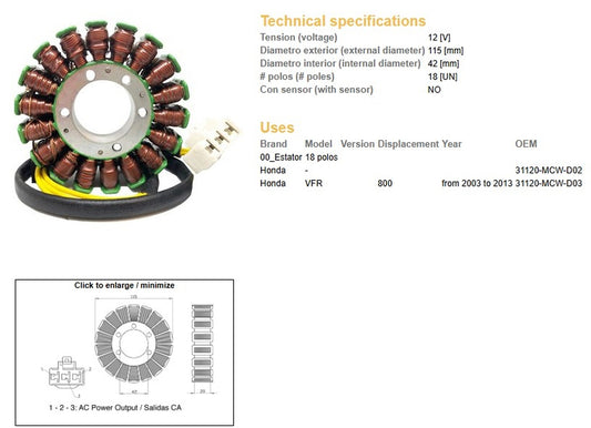 ALTERNATOR STATOR WINDING HONDA VFR 800 03-13 (OEM 31120-MCW-D03)