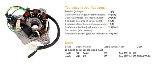 ALTERNATOR STATOR WINDING HONDA XLR 125 97-00 CG 125 91-98 (OEM-31120-KFC-901)