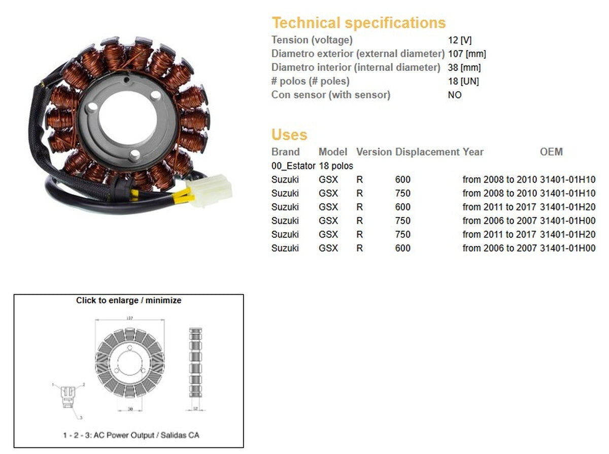 ALTERNATOR STATOR WINDING SUZUKI GSX 600R 08-17 GSX 750R 06-17 (OEM 31401-01H20)