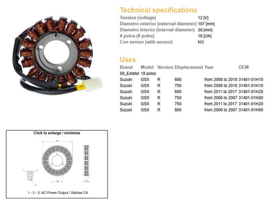 ALTERNATOR STATOR WINDING SUZUKI GSX 600R 08-17 GSX 750R 06-17 (OEM 31401-01H20)