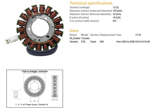 ALTERNATOR STATOR WINDING YAMAHA FZ6 FAZER 04-09 (OEM 5VX-81410-00)