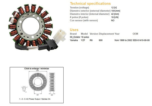 ALTERNATOR STATOR WINDING YAMAHA YZF 600 R6 99-02 (OEM 5EB-81410-00-00)