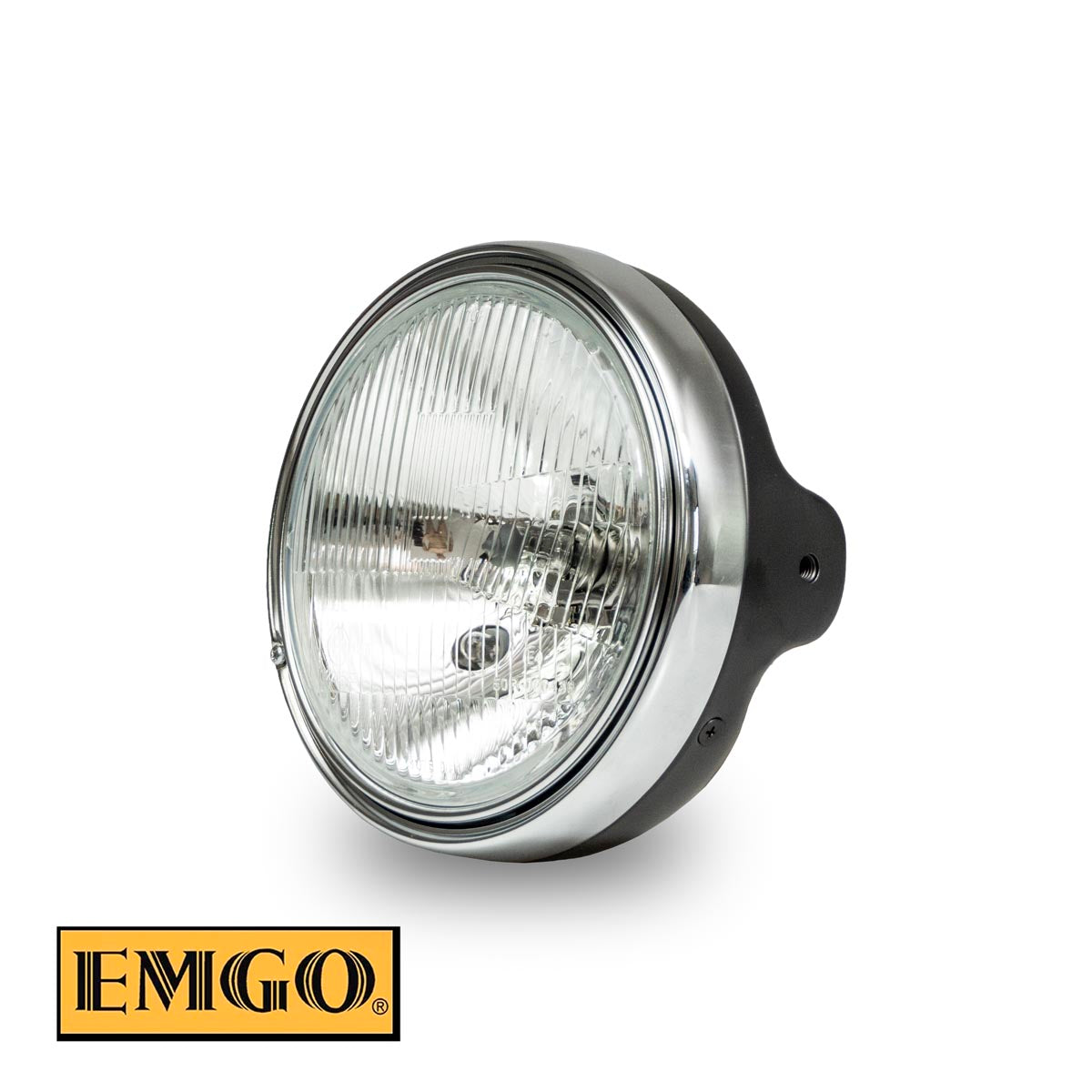 HEADLAMP UNIVERSAL COMPLETE H4 BLACK (DIAMETER 7" / 17.8CM, 10MM MOUNT HOLES) KAWASAKI Z1 & KZ STYLE (OEM:23005-1016 23006-038) HOMOLOGATED (E-MARK)
