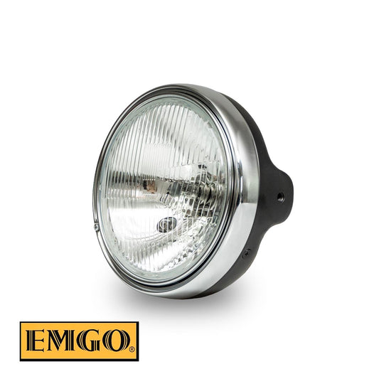 HEADLAMP UNIVERSAL COMPLETE H4 BLACK (DIAMETER 7" / 17.8CM, 10MM MOUNT HOLES) KAWASAKI Z1 & KZ STYLE (OEM:23005-1016 23006-038) HOMOLOGATED (E-MARK)