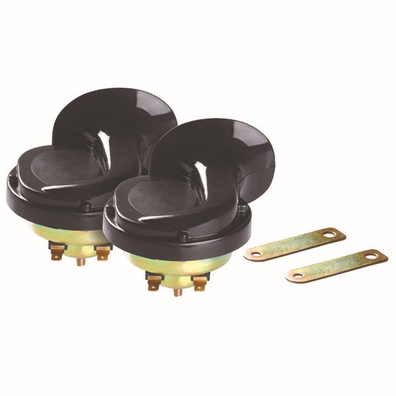 HORN (SOUND SIGNAL) UNIVERSAL BLACK (HIGH AND LOW TONE, 2PCS) (DIAMETER 90 MM)