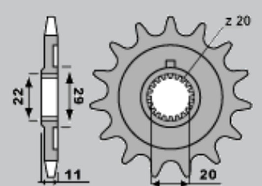 FRONT SPROCKET 2275 14 (SPLINE 20T) (CHAIN 520), 300 SE F 14-20, 250 SE F/SE F-R 14-20, 125 SE-R 18-21, SHERCO