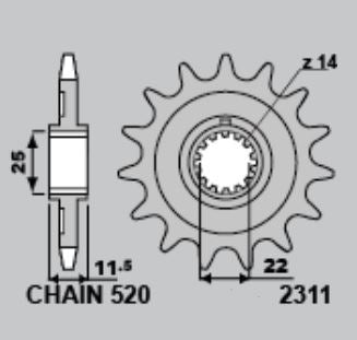 FRONT SPROCKET 2311 13 (SPLINE 14T) (CHAIN 520), 500 SE F-R 21-, 450 SE F-R 15-21, 300 SE/SE-R 13-23, 250 SE-F 13-14, 250 SE/SE-R 14-23, SHERCO