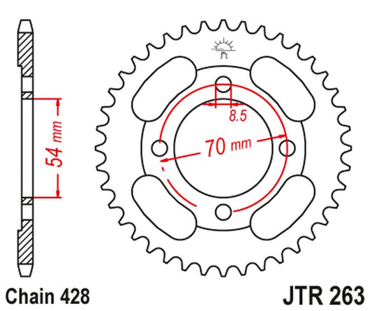 Rear Sprocket 263 38 HONDA CT 100 '86-94' PEUGEOT 110 VOX '13', KYMCO 110/125/150 (26338JT) (Chain.428)