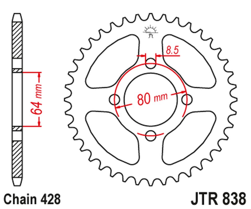 Rear Sprocket 838 42 KAWASAKI Z 125, YAMAHA YBR 125 CUSTOM '08-15 , JUNAK 125 (83842JT) (Chain. 428)