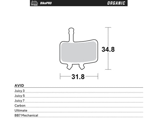 BIKE PRO BICYCLE BRAKE PADS ORGANIC FITS AVID JUICY 3/5/7, BB7 MECHANICAL, ULTIMATE, CARBON