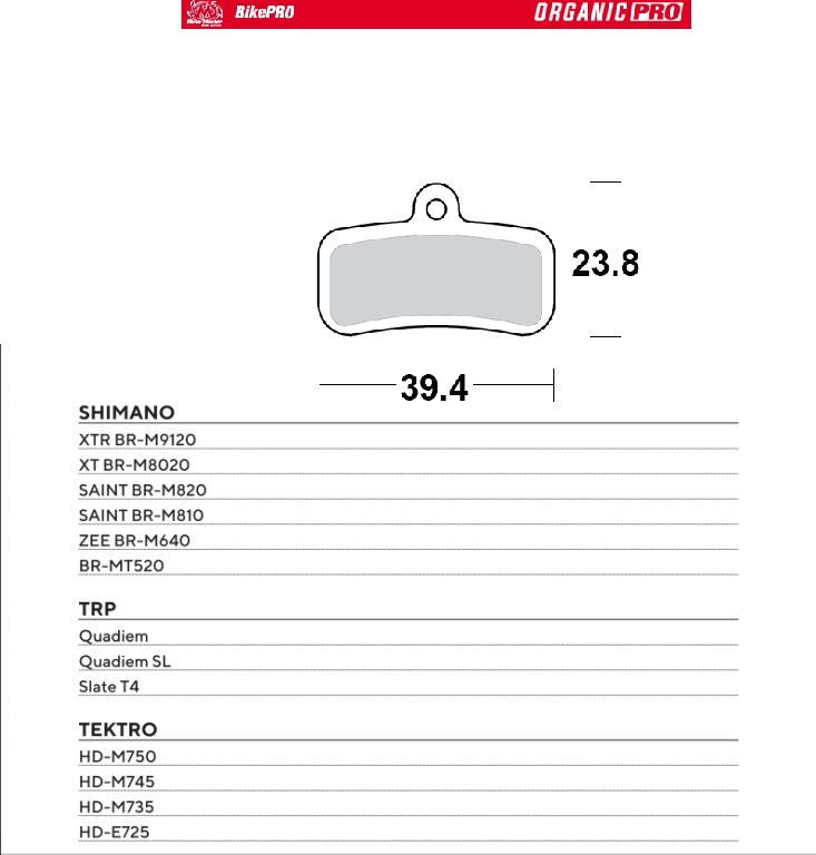 BIKE PRO BICYCLE BRAKE PADS ORGANIC PRO FITS SHIMANO SAINT BR-M820/810, ZEE BR-M640, XT BR-M8020, XTR BR-M9120, BR-MT520, TEKTRO HD-M750/745/735/E725