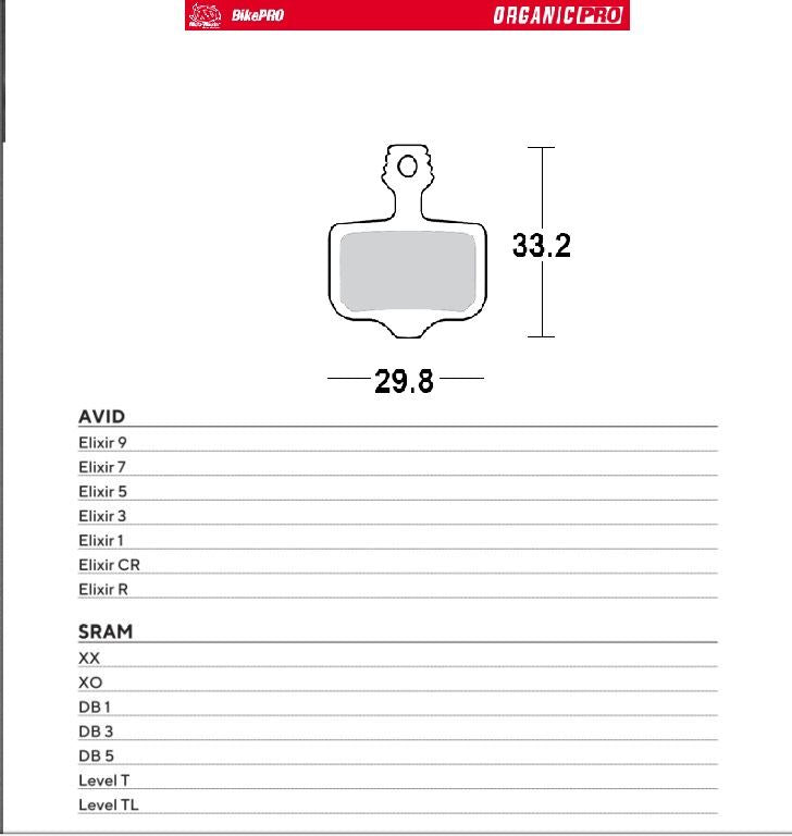 BIKE PRO BICYCLE BRAKE PADS ORGANIC PRO FITS SRAM XX, XO, DB1/5/3, LEVELT, LEVEL TL, AVID ELIXIR 9/7/5/3/1/CR/R