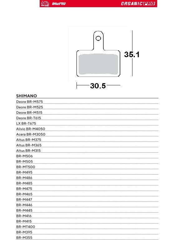 BIKE PRO BICYCLE BRAKE PADS ORGANIC PRO FITS SHIMANO DEORE BR-M615/506/505/500/495/486/485/475, SLX BR-M515/525, BR-T615, TEKTRO MODELS