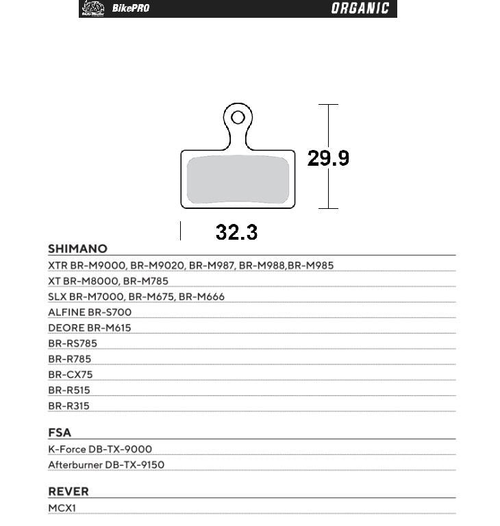 BIKE PRO BICYCLE BRAKE PADS ORGANIC FITS SHIMANO DEORE BR-M615, SLX BR-M7000/675/666, XTR BR-M9000/9020/987/988/985, XT BR-M8000/785