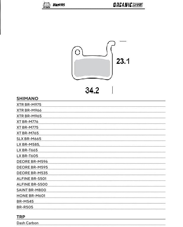 BIKE PRO BICYCLE BRAKE PADS ORGANIC SPORT FITS SHIMANO SLX BR-M665, DEORE BR-M596/595/535, XTR BR-M975/966/965, SAINT BR-M800, XT BR-M775/776/765
