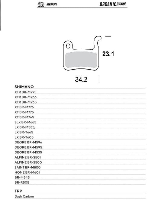 BIKE PRO BICYCLE BRAKE PADS ORGANIC SPORT FITS SHIMANO SLX BR-M665, DEORE BR-M596/595/535, XTR BR-M975/966/965, SAINT BR-M800, XT BR-M775/776/765