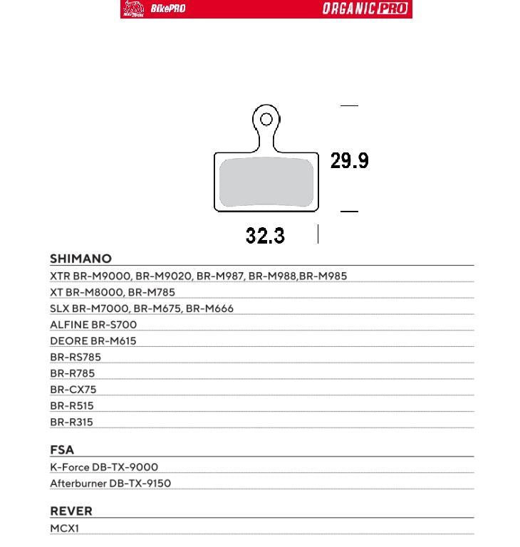 BIKE PRO BICYCLE BRAKE PADS ORGANIC PRO FITS XT BR-M8000/785, SLX BR-M7000/675/666, DEORE BR-M615, XTR BR-M9000/9020/987/988/985