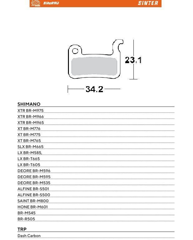 BIKE PRO BICYCLE BRAKE PADS SINTER METALLIC FITS SHIMANO XTR BR-M975/966/965, DEORE BR-M596/595/535, XT BR-M776/775/765, SLX BR-M665, SAINT BR-M800