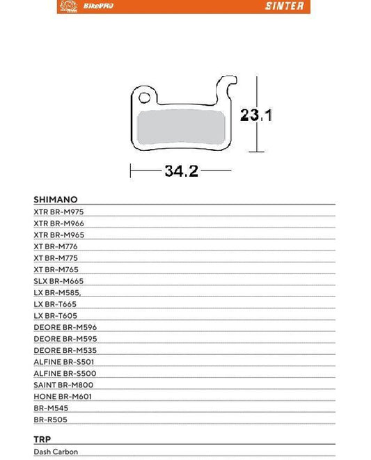 BIKE PRO BICYCLE BRAKE PADS SINTER METALLIC FITS SHIMANO XTR BR-M975/966/965, DEORE BR-M596/595/535, XT BR-M776/775/765, SLX BR-M665, SAINT BR-M800
