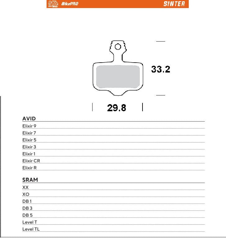 BIKE PRO BICYCLE BRAKE PADS SINTER METALLIC FITS SRAM XX, XO, DB1/5/3, LEVELT, LEVEL TL, AVID ELIXIR 9/7/5/3/1/CR/R