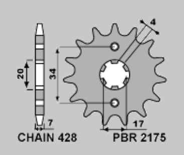 Front Sprocket 217516 SWM125 SM125R 16-21, RS125R 15-21, Varez 17-21, Ace of Spades 22 (Chain 428)