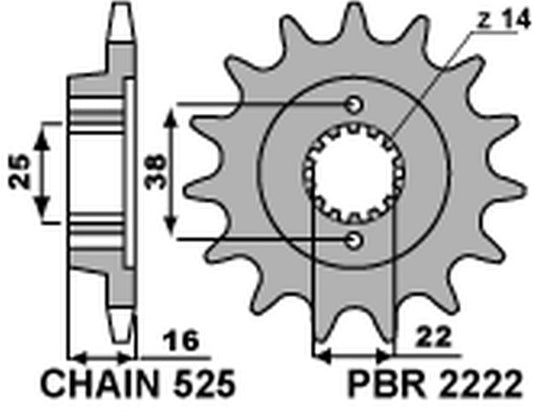 Front Sprocket 2222 14 Ducati 796 10-12 (Chain 525)