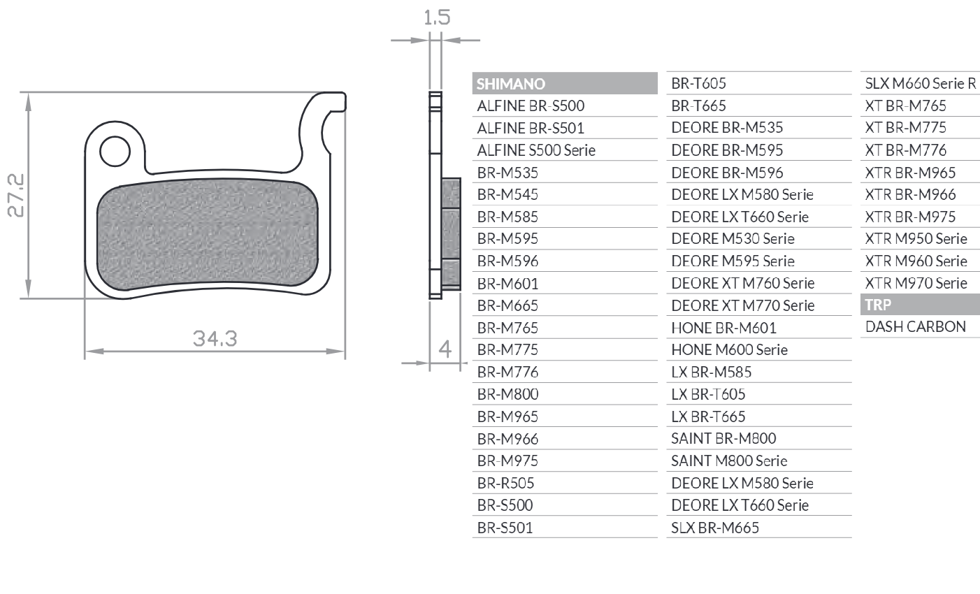 BIKE BICYCLE BRAKE PADS ORGANIC / SEMI-METALLIC FITS SHIMANO XTR BR-M975, BR-M966, BR-M965, XT BR-M776, BR-M775, BR-M765, SLX BR-M665, SAINT BR-M800, DEORE BR-M596, BR-M595, BR-M535 BR110