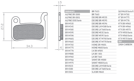 BIKE BICYCLE BRAKE PADS ORGANIC / SEMI-METALLIC FITS SHIMANO XTR BR-M975, BR-M966, BR-M965, XT BR-M776, BR-M775, BR-M765, SLX BR-M665, SAINT BR-M800, DEORE BR-M596, BR-M595, BR-M535 BR110